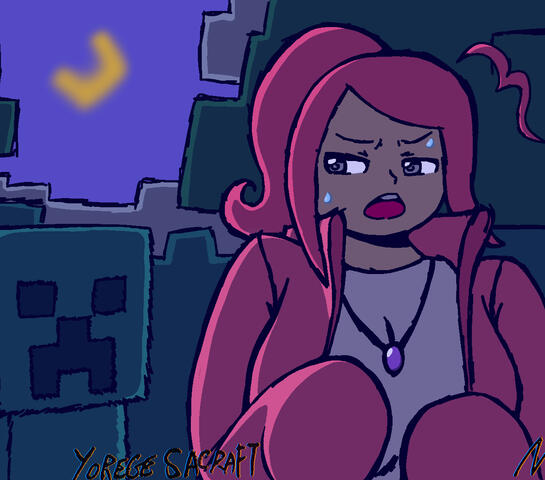 Mignya in Minecraft at night, oh no there is a Creeper! - Bluesky