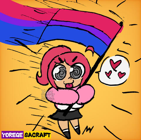 Bisexual flag in Mignya&#39;s hands! As she is! 💖💜💙 - Bluesky